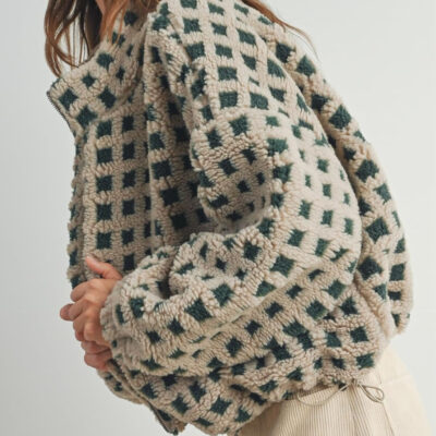 Esmeling Women’s Long Sleeve Cropped Sherpa Fleece Plaid Jacket Casual Chunky Teddy Fleece Outerwear