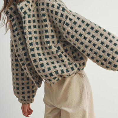 Esmeling Women’s Long Sleeve Cropped Sherpa Fleece Plaid Jacket Casual Chunky Teddy Fleece Outerwear