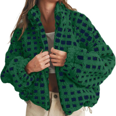 Esmeling Women’s Long Sleeve Cropped Sherpa Fleece Plaid Jacket Casual Chunky Teddy Fleece Outerwear