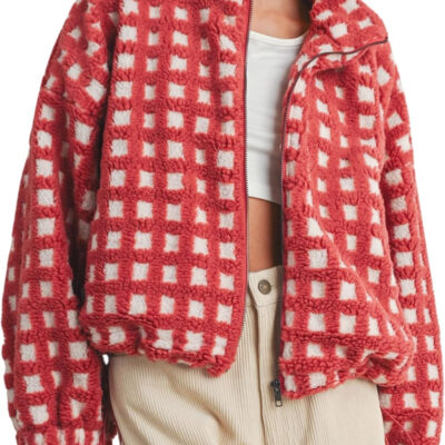 Esmeling Women’s Long Sleeve Cropped Sherpa Fleece Plaid Jacket Casual Chunky Teddy Fleece Outerwear