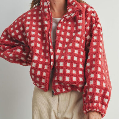 Esmeling Women’s Long Sleeve Cropped Sherpa Fleece Plaid Jacket Casual Chunky Teddy Fleece Outerwear