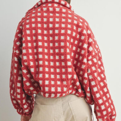 Esmeling Women’s Long Sleeve Cropped Sherpa Fleece Plaid Jacket Casual Chunky Teddy Fleece Outerwear