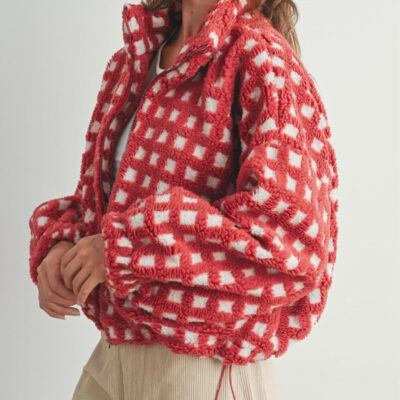 Esmeling Women’s Long Sleeve Cropped Sherpa Fleece Plaid Jacket Casual Chunky Teddy Fleece Outerwear