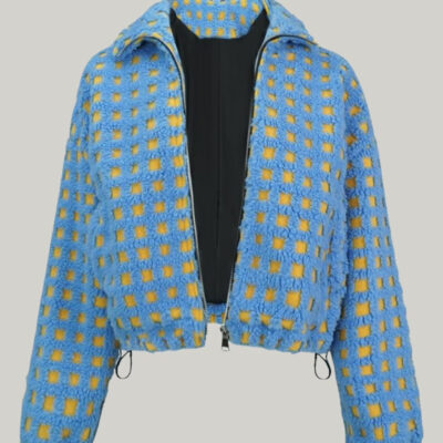 Esmeling Women’s Long Sleeve Cropped Sherpa Fleece Plaid Jacket Casual Chunky Teddy Fleece Outerwear