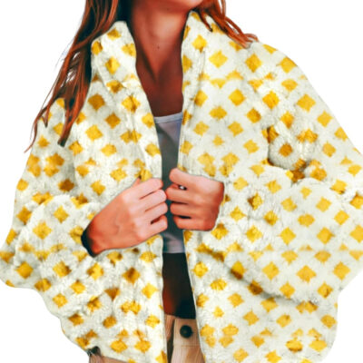 Esmeling Women’s Long Sleeve Cropped Sherpa Fleece Plaid Jacket Casual Chunky Teddy Fleece Outerwear