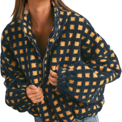 Esmeling Women’s Long Sleeve Cropped Sherpa Fleece Plaid Jacket Casual Chunky Teddy Fleece Outerwear