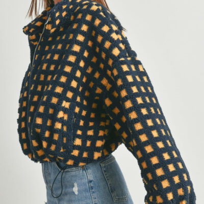 Esmeling Women’s Long Sleeve Cropped Sherpa Fleece Plaid Jacket Casual Chunky Teddy Fleece Outerwear