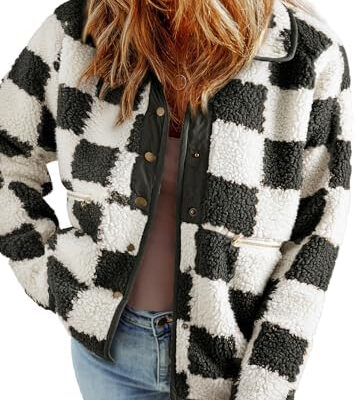 SHEWIN Jackets For Women Causal Sherpa Fall Jacket Loose Button Down Plaid Winter Coats