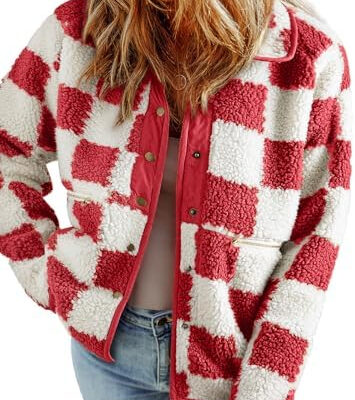 SHEWIN Jackets For Women Causal Sherpa Fall Jacket Loose Button Down Plaid Winter Coats