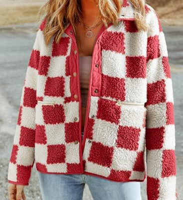 SHEWIN Jackets For Women Causal Sherpa Fall Jacket Loose Button Down Plaid Winter Coats