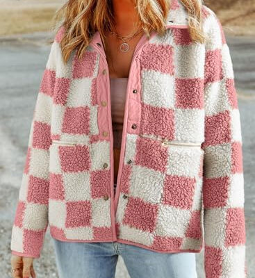 SHEWIN Jackets For Women Causal Sherpa Fall Jacket Loose Button Down Plaid Winter Coats