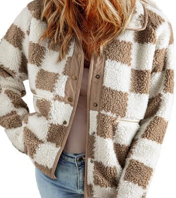 SHEWIN Jackets For Women Causal Sherpa Fall Jacket Loose Button Down Plaid Winter Coats