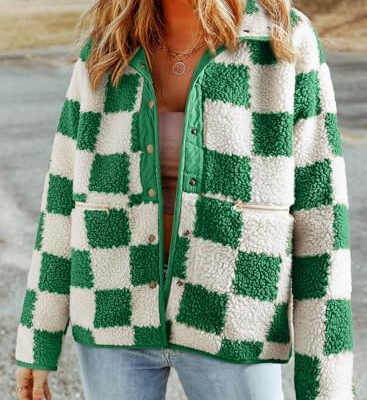 SHEWIN Jackets For Women Causal Sherpa Fall Jacket Loose Button Down Plaid Winter Coats