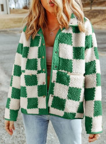 SHEWIN Jackets For Women Causal Sherpa Fall Jacket Loose Button Down Plaid Winter Coats