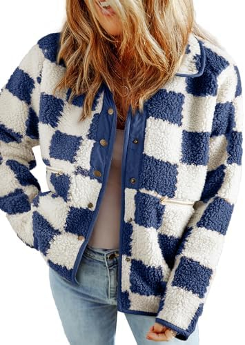 SHEWIN Jackets For Women Causal Sherpa Fall Jacket Loose Button Down Plaid Winter Coats