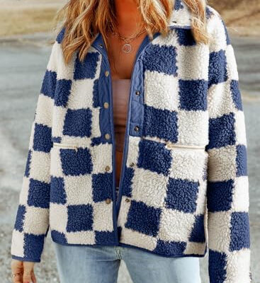 SHEWIN Jackets For Women Causal Sherpa Fall Jacket Loose Button Down Plaid Winter Coats