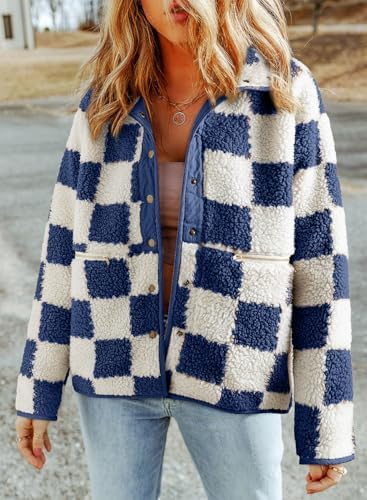 SHEWIN Jackets For Women Causal Sherpa Fall Jacket Loose Button Down Plaid Winter Coats