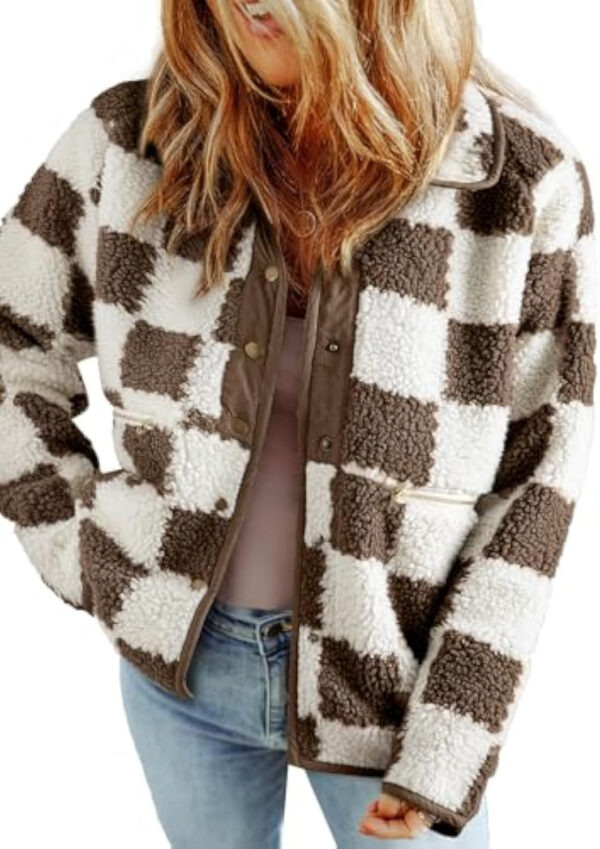 SHEWIN Jackets For Women Causal Sherpa Fall Jacket Loose Button Down Plaid Winter Coats