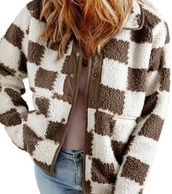 SHEWIN Jackets For Women Causal Sherpa Fall Jacket Loose Button Down Plaid Winter Coats