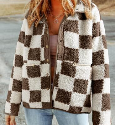 SHEWIN Jackets For Women Causal Sherpa Fall Jacket Loose Button Down Plaid Winter Coats
