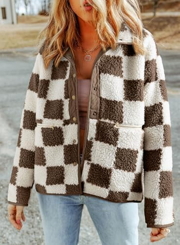 SHEWIN Jackets For Women Causal Sherpa Fall Jacket Loose Button Down Plaid Winter Coats