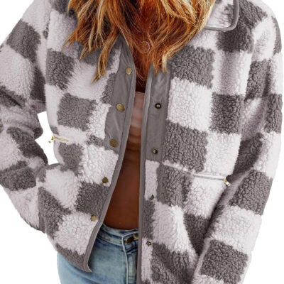 SHEWIN Jackets For Women Causal Sherpa Fall Jacket Loose Button Down Plaid Winter Coats