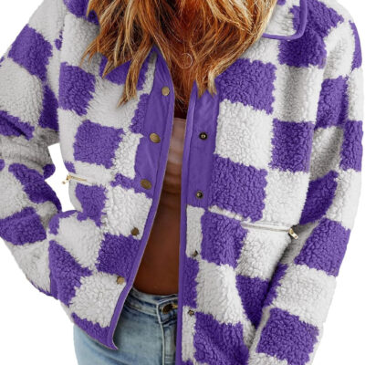SHEWIN Jackets For Women Causal Sherpa Fall Jacket Loose Button Down Plaid Winter Coats
