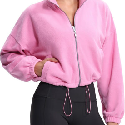 THE GYM PEOPLE Women's Fleece Cropped Jacket Full Zip Stand Collar Workout Short Sherpa Coats with Pockets Drawstring Hem