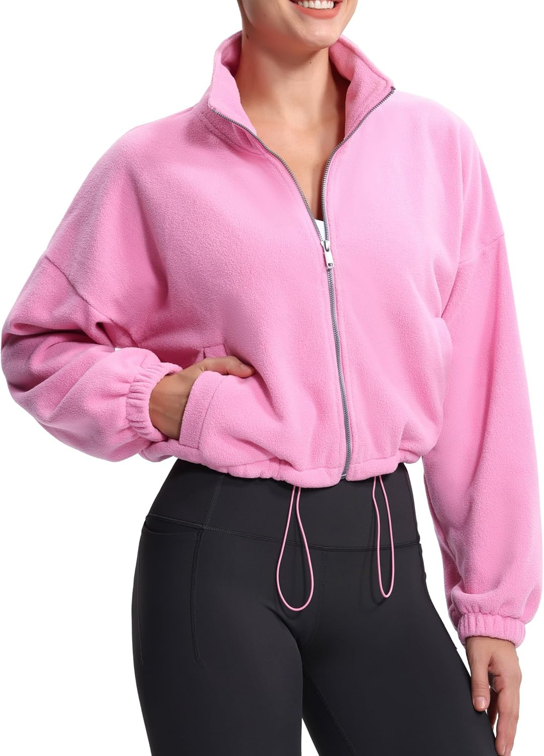 THE GYM PEOPLE Women's Fleece Cropped Jacket Full Zip Stand Collar Workout Short Sherpa Coats with Pockets Drawstring Hem