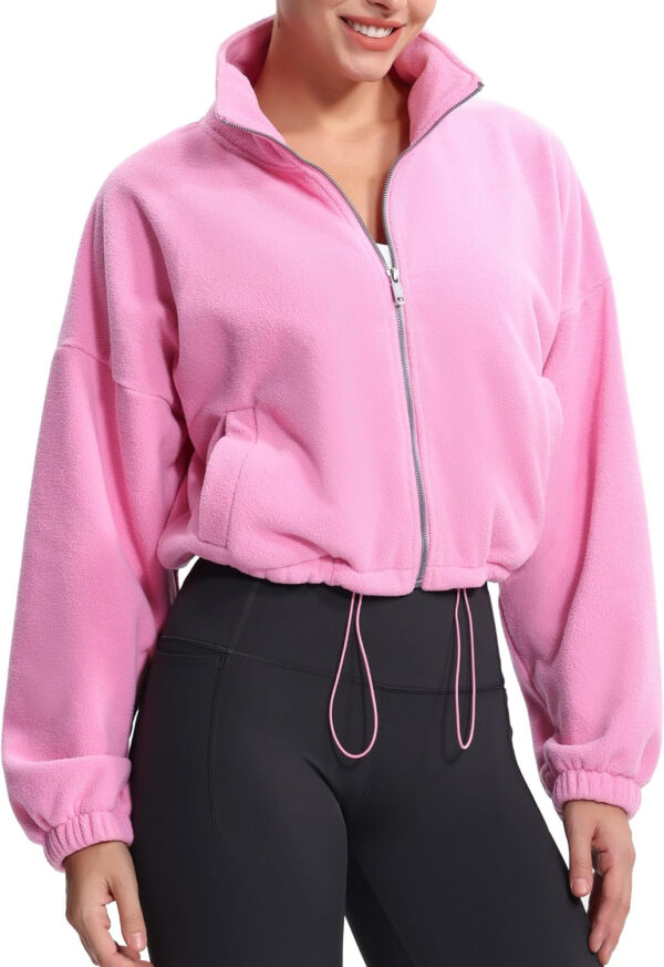 THE GYM PEOPLE Women's Fleece Cropped Jacket Full Zip Stand Collar Workout Short Sherpa Coats with Pockets Drawstring Hem