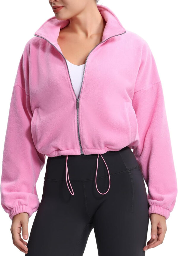 THE GYM PEOPLE Women's Fleece Cropped Jacket Full Zip Stand Collar Workout Short Sherpa Coats with Pockets Drawstring Hem