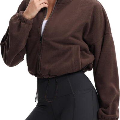 THE GYM PEOPLE Women's Fleece Cropped Jacket Full Zip Stand Collar Workout Short Sherpa Coats with Pockets Drawstring Hem