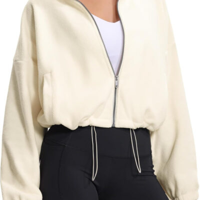 THE GYM PEOPLE Women's Fleece Cropped Jacket Full Zip Stand Collar Workout Short Sherpa Coats with Pockets Drawstring Hem
