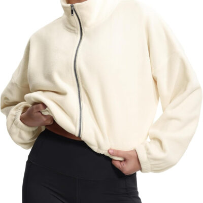 THE GYM PEOPLE Women's Fleece Cropped Jacket Full Zip Stand Collar Workout Short Sherpa Coats with Pockets Drawstring Hem