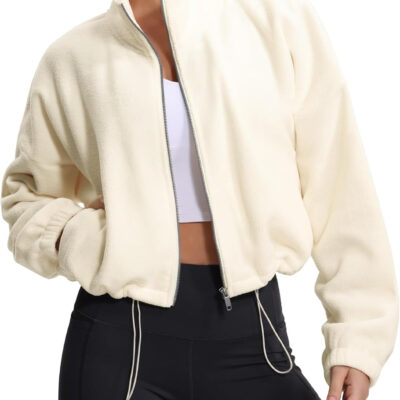 THE GYM PEOPLE Women's Fleece Cropped Jacket Full Zip Stand Collar Workout Short Sherpa Coats with Pockets Drawstring Hem