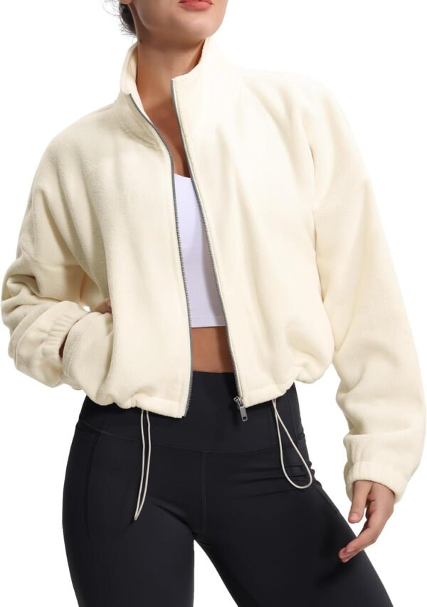 THE GYM PEOPLE Women's Fleece Cropped Jacket Full Zip Stand Collar Workout Short Sherpa Coats with Pockets Drawstring Hem