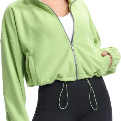 THE GYM PEOPLE Women's Fleece Cropped Jacket Full Zip Stand Collar Workout Short Sherpa Coats with Pockets Drawstring Hem