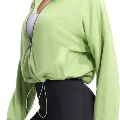 THE GYM PEOPLE Women's Fleece Cropped Jacket Full Zip Stand Collar Workout Short Sherpa Coats with Pockets Drawstring Hem