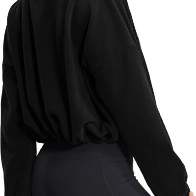 THE GYM PEOPLE Women's Fleece Cropped Jacket Full Zip Stand Collar Workout Short Sherpa Coats with Pockets Drawstring Hem