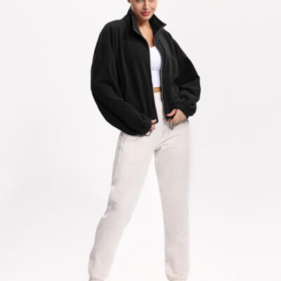 THE GYM PEOPLE Women's Fleece Cropped Jacket Full Zip Stand Collar Workout Short Sherpa Coats with Pockets Drawstring Hem