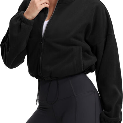 THE GYM PEOPLE Women's Fleece Cropped Jacket Full Zip Stand Collar Workout Short Sherpa Coats with Pockets Drawstring Hem