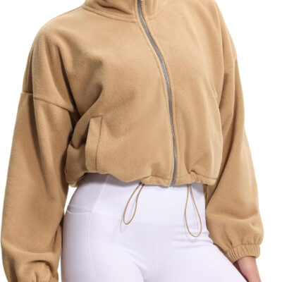 THE GYM PEOPLE Women's Fleece Cropped Jacket Full Zip Stand Collar Workout Short Sherpa Coats with Pockets Drawstring Hem