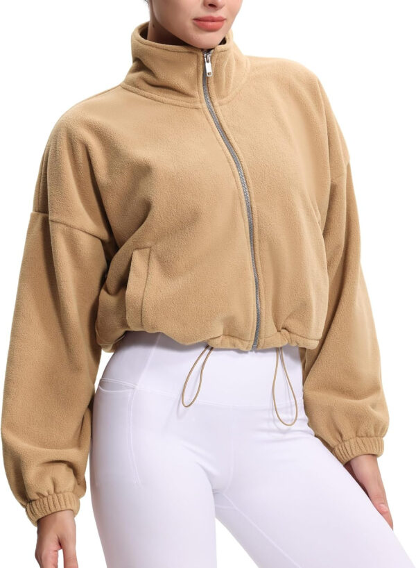 THE GYM PEOPLE Women's Fleece Cropped Jacket Full Zip Stand Collar Workout Short Sherpa Coats with Pockets Drawstring Hem