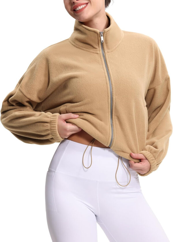 THE GYM PEOPLE Women's Fleece Cropped Jacket Full Zip Stand Collar Workout Short Sherpa Coats with Pockets Drawstring Hem