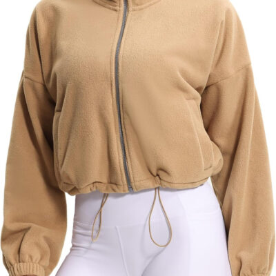 THE GYM PEOPLE Women's Fleece Cropped Jacket Full Zip Stand Collar Workout Short Sherpa Coats with Pockets Drawstring Hem