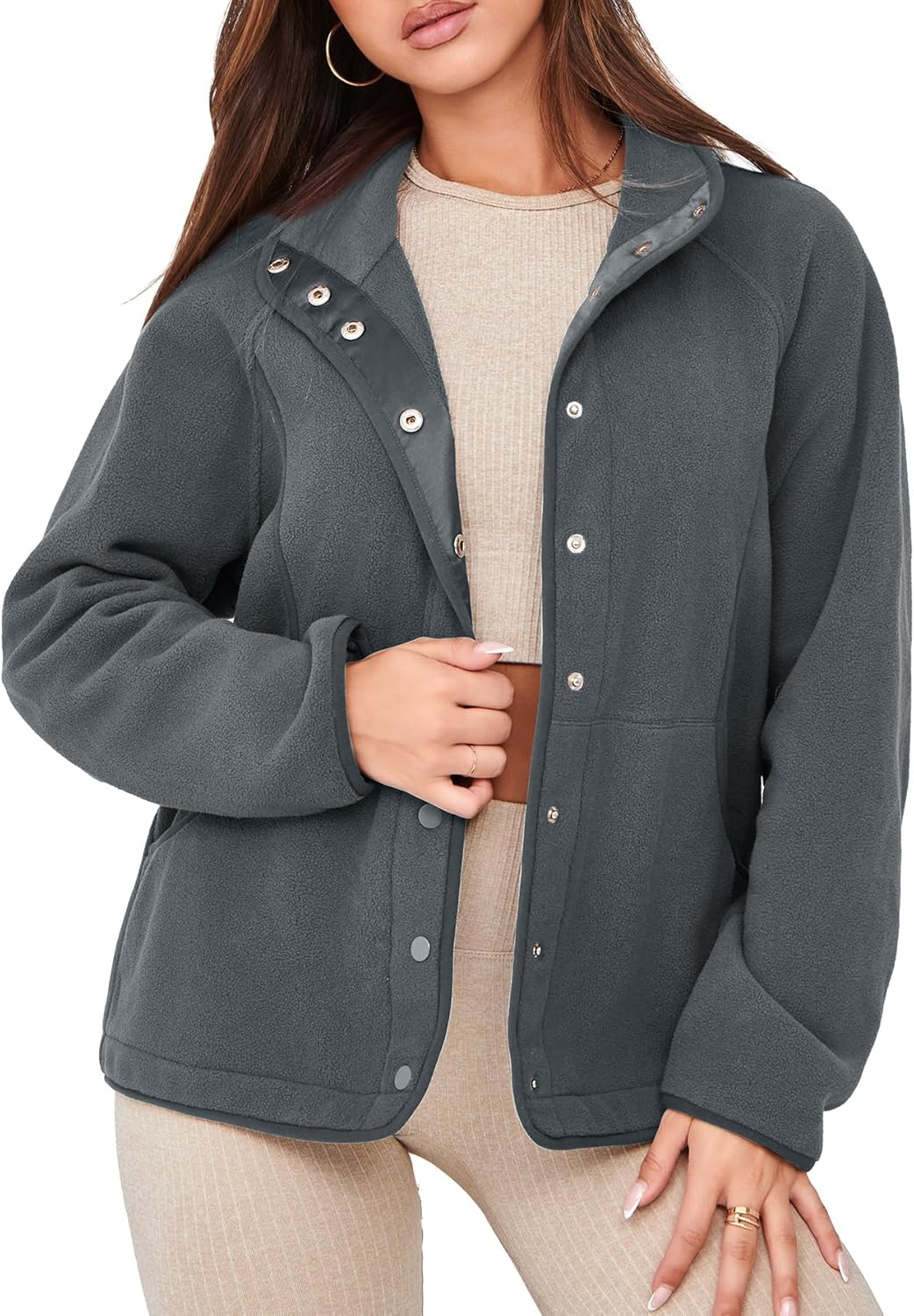 Glamaker women's Fleece Sherpa Jacket Winter Coats Long Sleeve Casual Button Fuzzy Cropped Sweatshirt Outerwear With Pockets