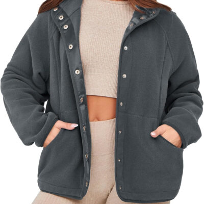 Glamaker women's Fleece Sherpa Jacket Winter Coats Long Sleeve Casual Button Fuzzy Cropped Sweatshirt Outerwear With Pockets