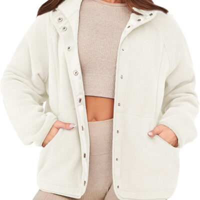 Glamaker women's Fleece Sherpa Jacket Winter Coats Long Sleeve Casual Button Fuzzy Cropped Sweatshirt Outerwear With Pockets