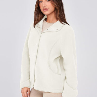 Glamaker women's Fleece Sherpa Jacket Winter Coats Long Sleeve Casual Button Fuzzy Cropped Sweatshirt Outerwear With Pockets