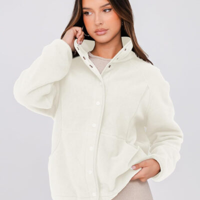 Glamaker women's Fleece Sherpa Jacket Winter Coats Long Sleeve Casual Button Fuzzy Cropped Sweatshirt Outerwear With Pockets